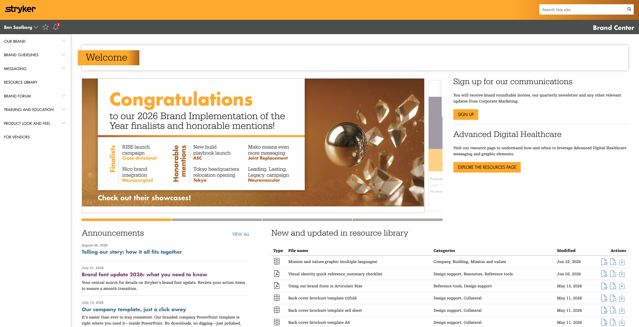 Stryker Brand Center homepage