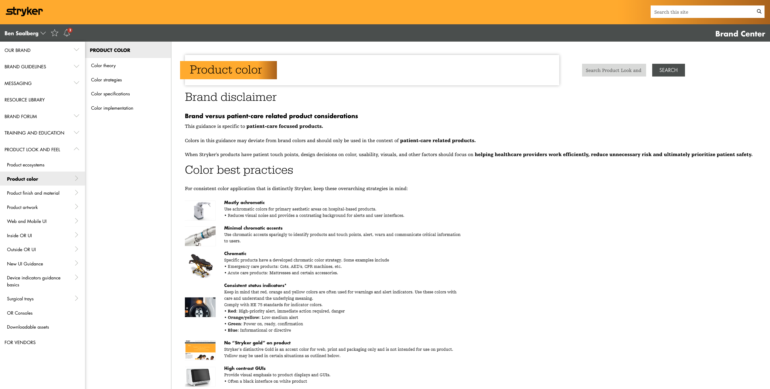 Stryker Brand Center products section