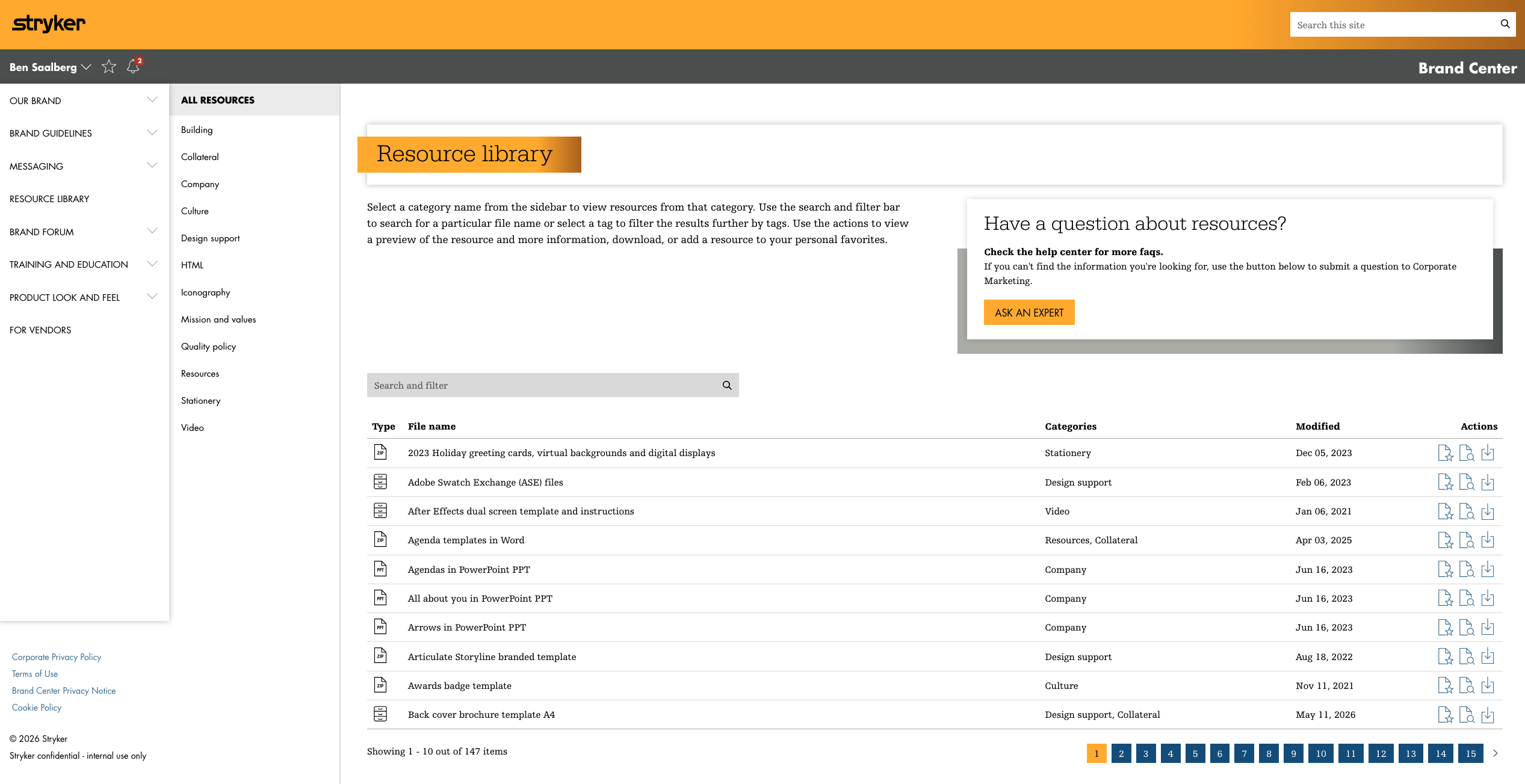 Stryker Brand Center resources section