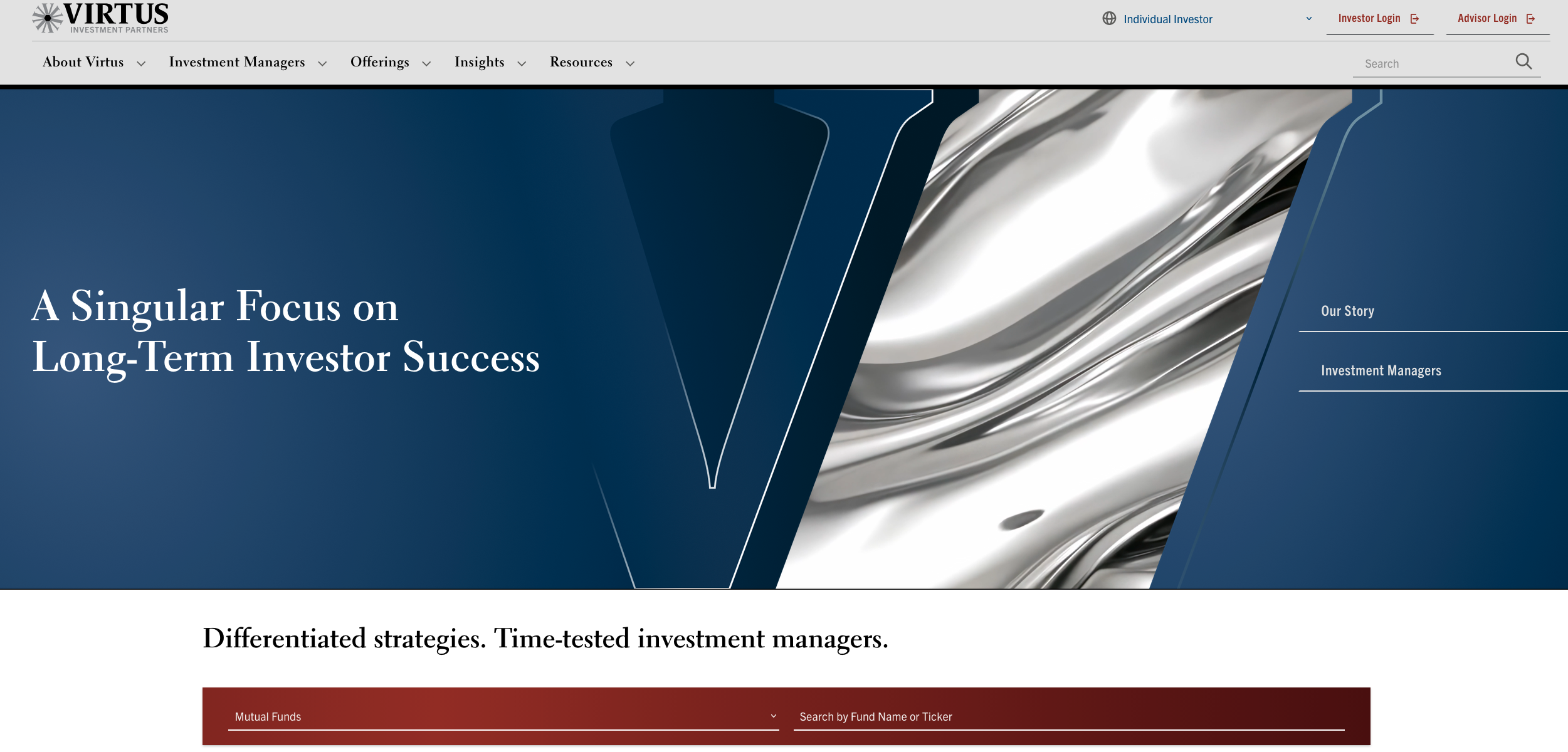 Virtus Investment Partners homepage hero and primary navigation